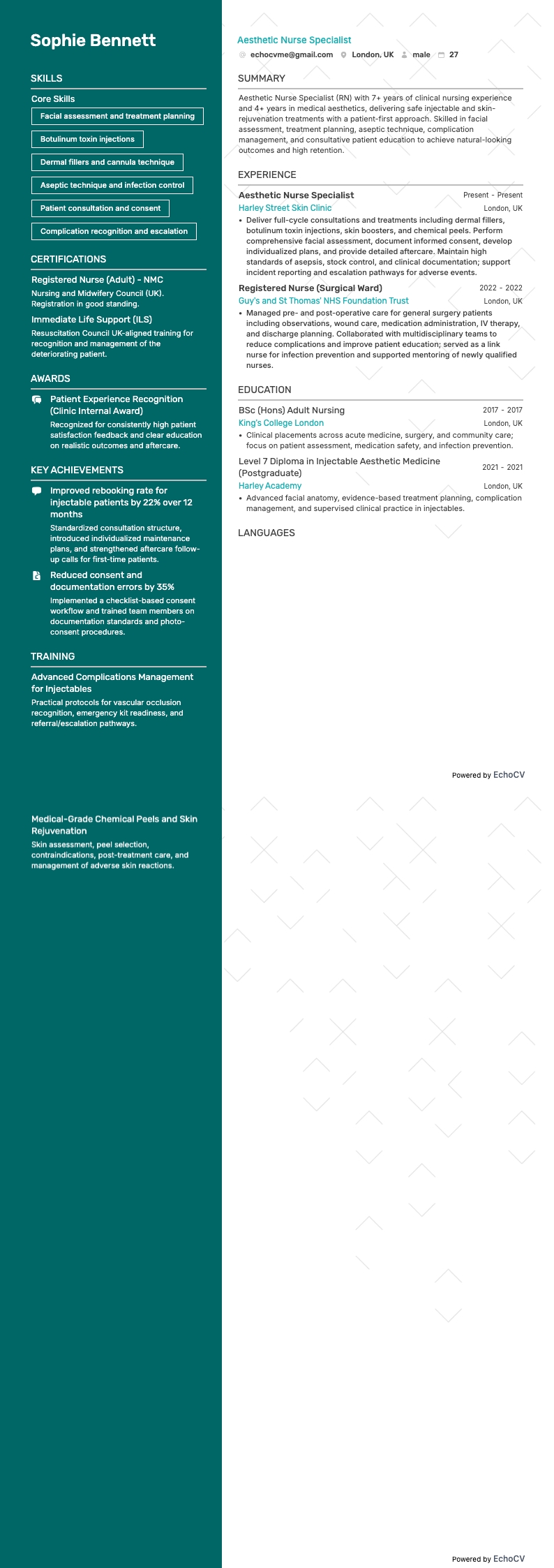 Aesthetic Nurse Specialist example resume