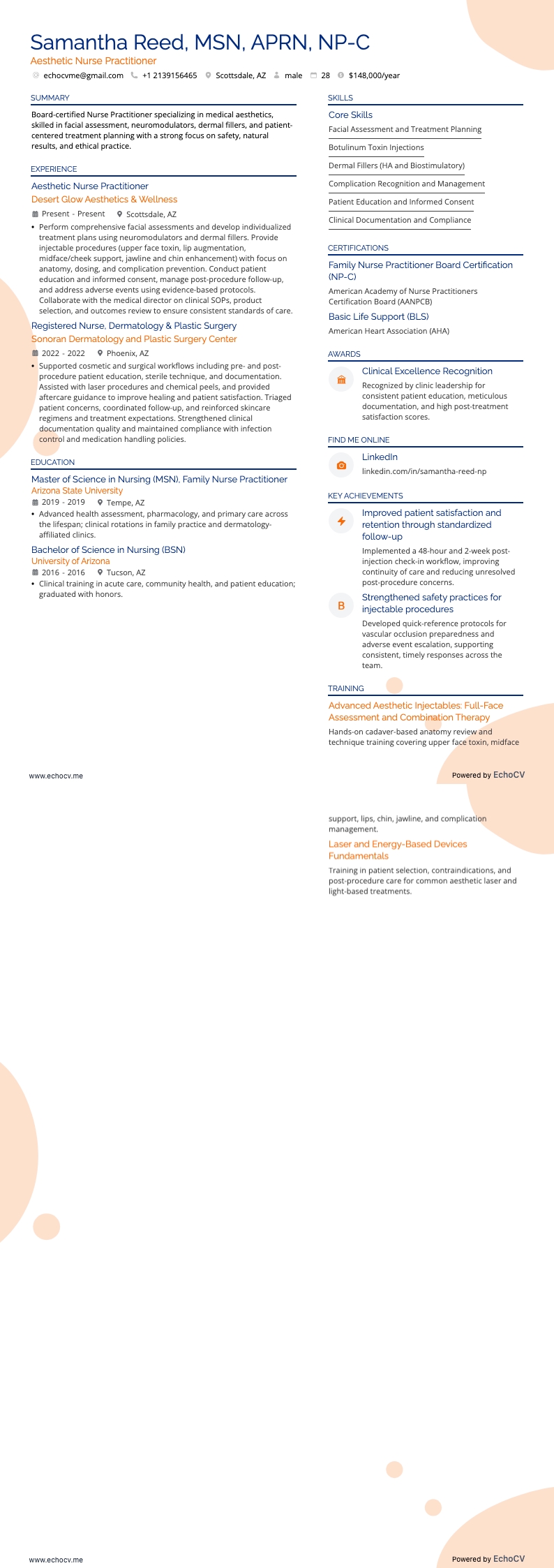 Aesthetic Nurse Practitioner example resume