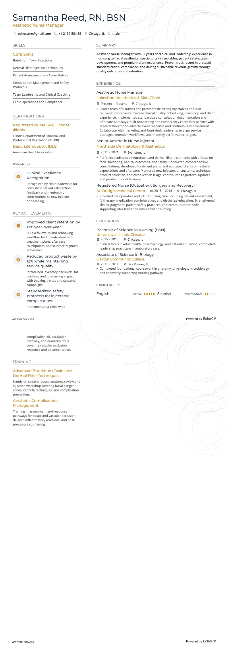 Aesthetic Nurse Manager example resume