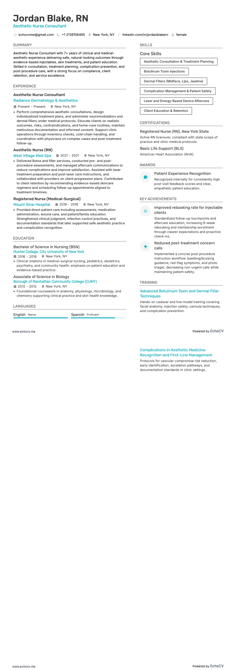 Aesthetic Nurse Consultant example resume