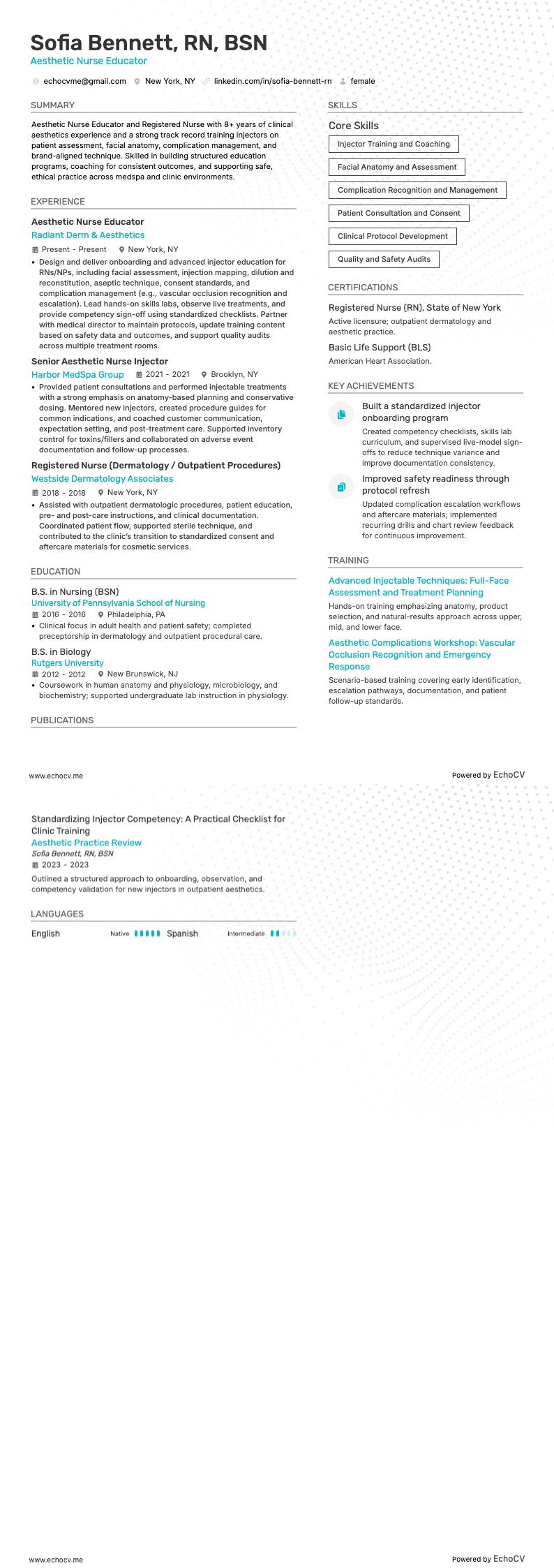 Aesthetic Nurse Educator example resume