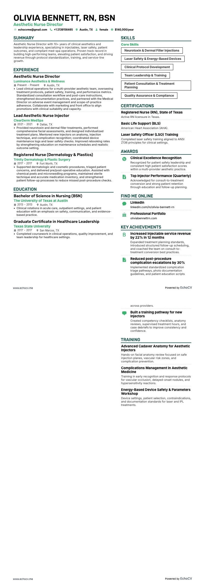 Aesthetic Nurse Director example resume