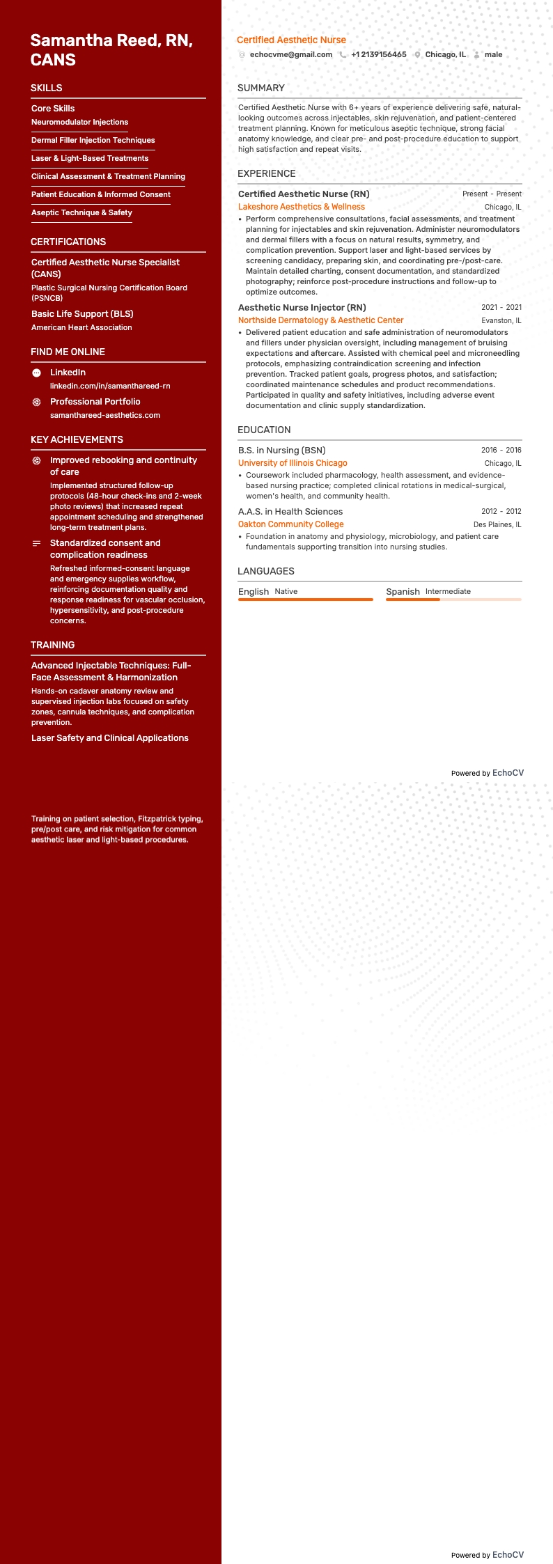 Certified Aesthetic Nurse example resume