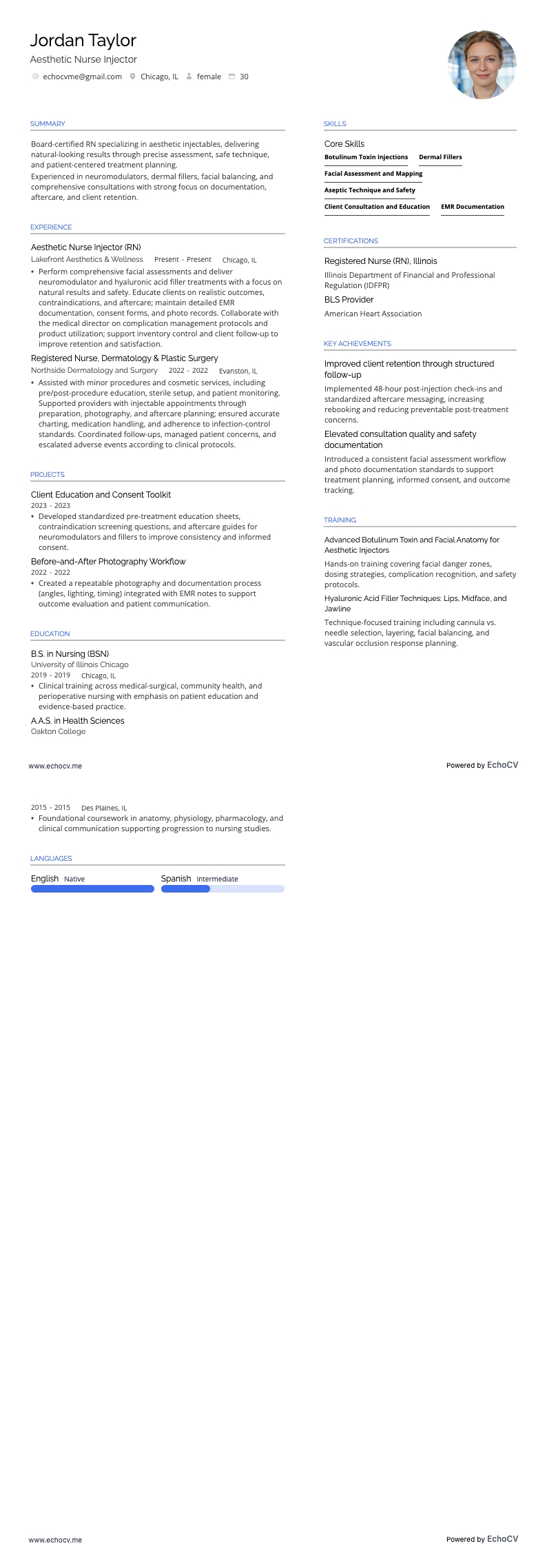 Aesthetic Nurse Injector example resume