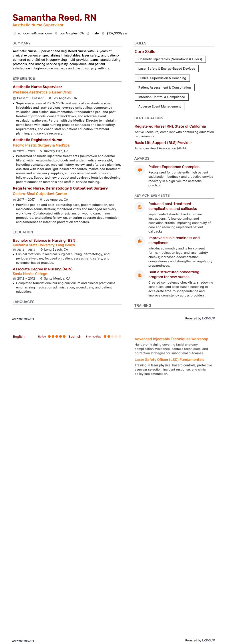 Aesthetic Nurse Supervisor example resume
