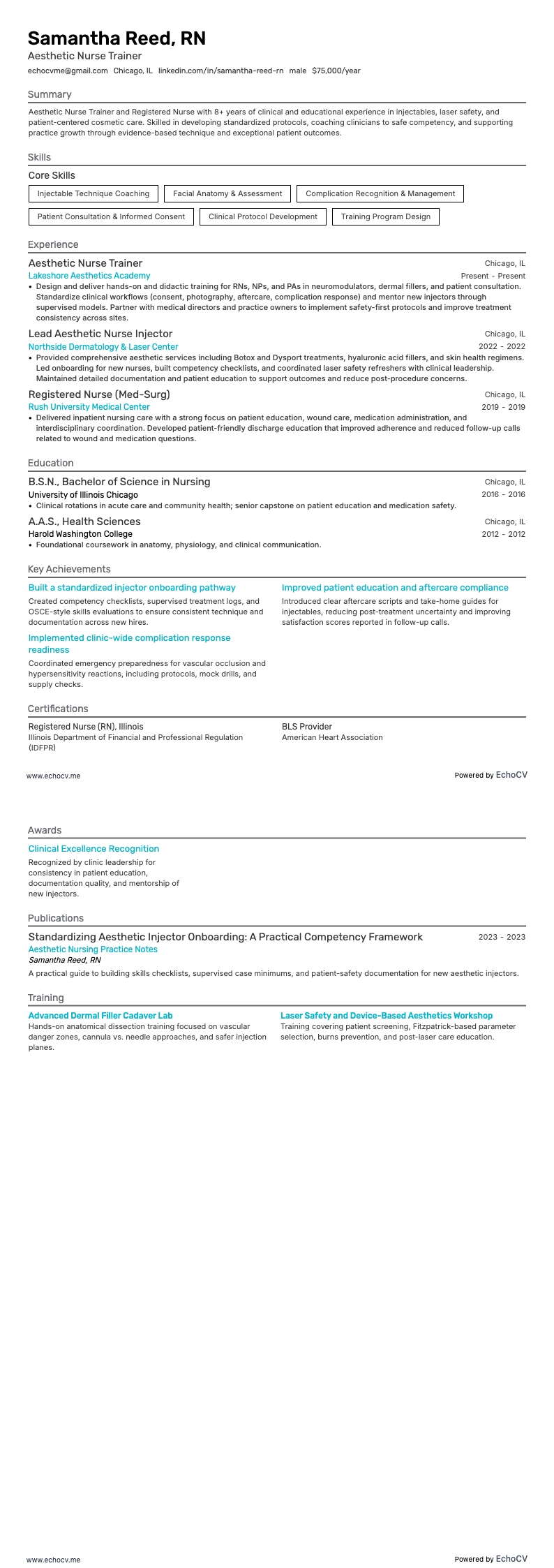 Aesthetic Nurse Trainer example resume