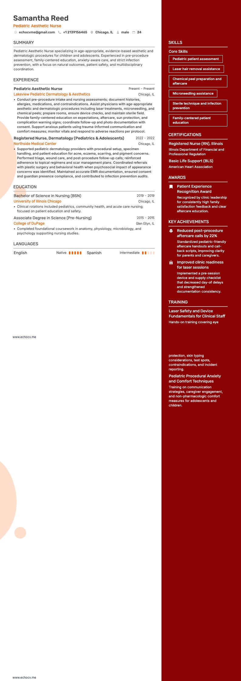 Pediatric Aesthetic Nurse example resume