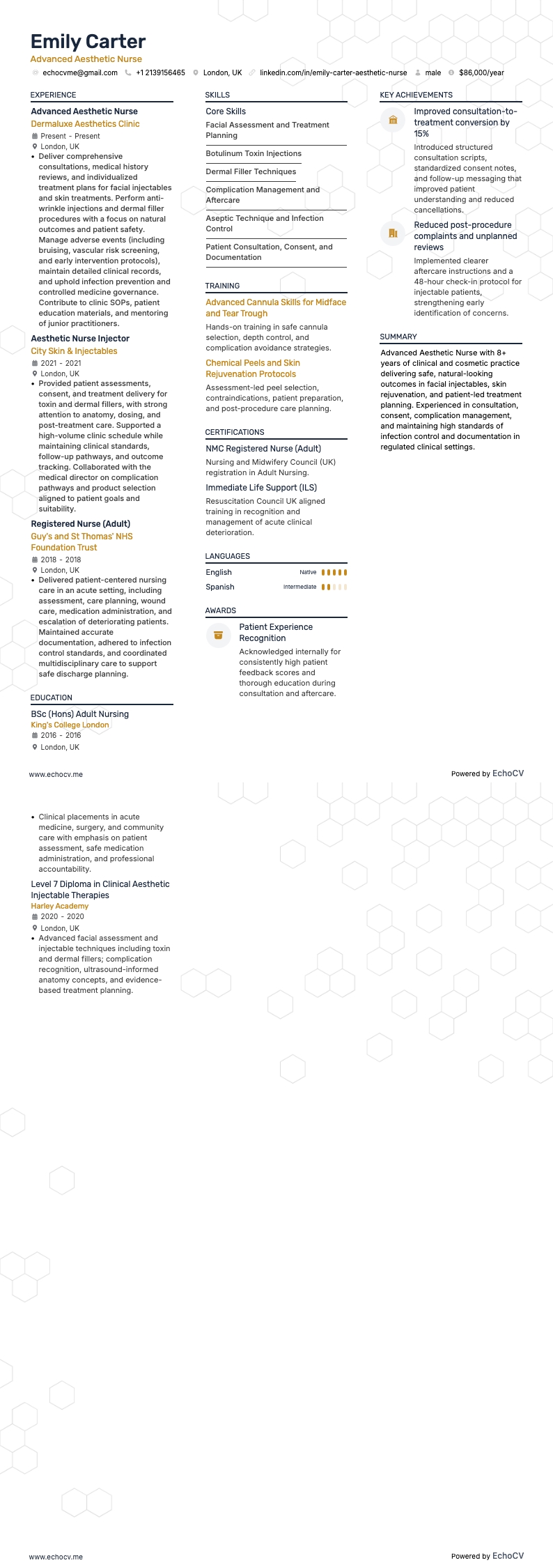 Advanced Aesthetic Nurse example resume