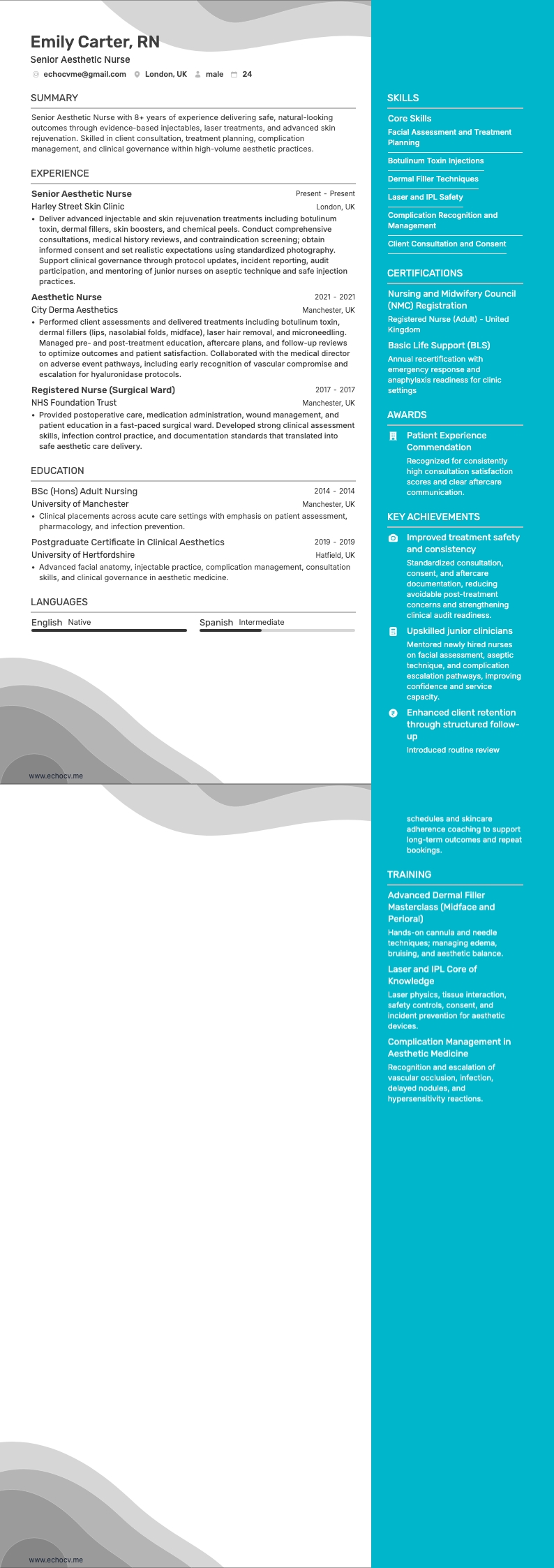 Senior Aesthetic Nurse example resume