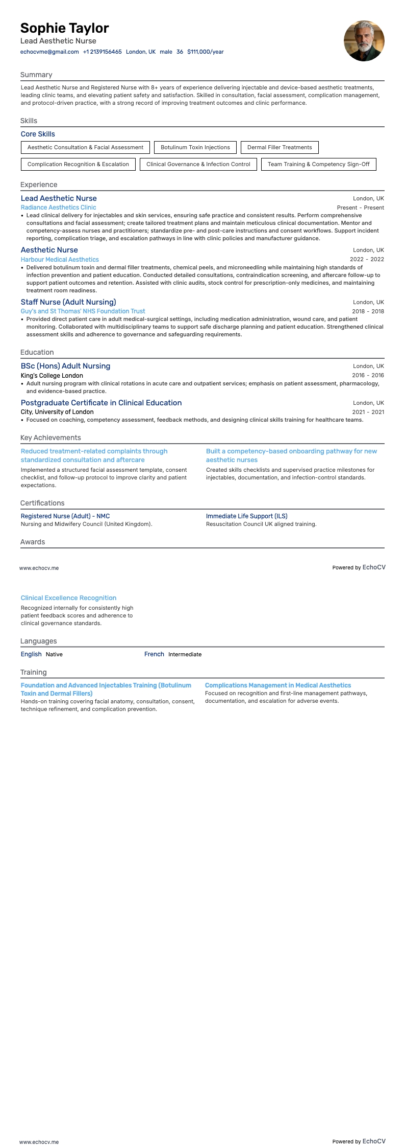 Lead Aesthetic Nurse example resume