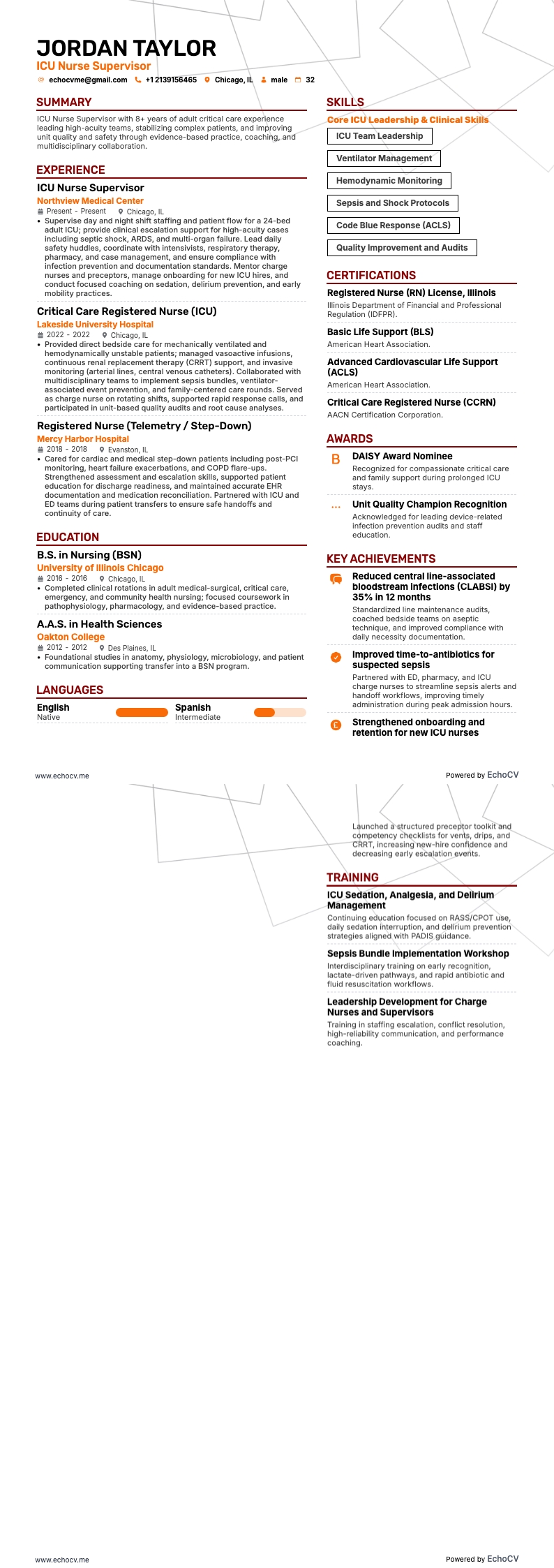 ICU Nurse Supervisor example resume