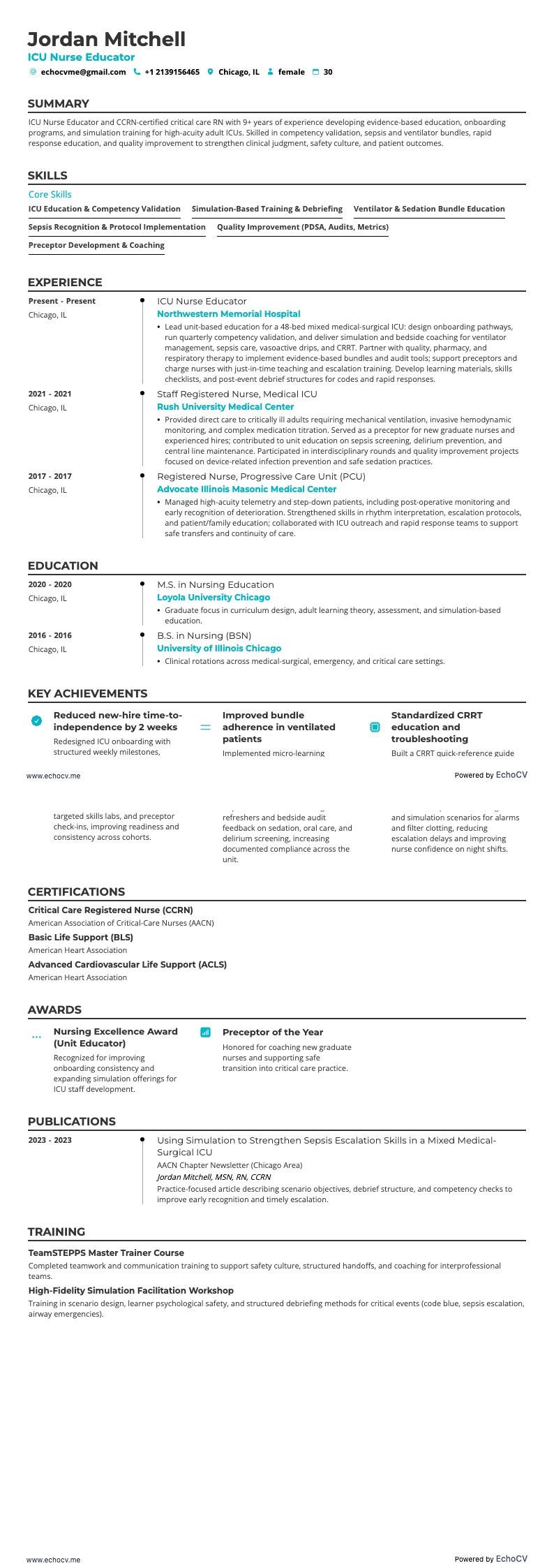 ICU Nurse Educator example resume