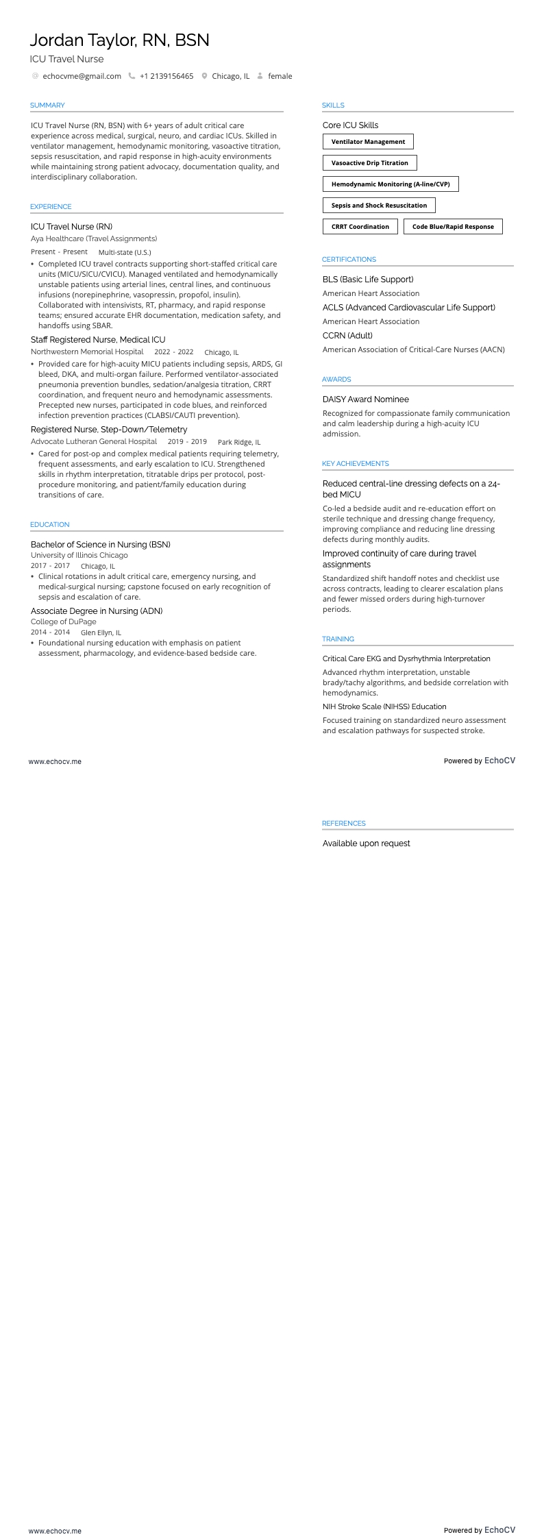 ICU Travel Nurse example resume
