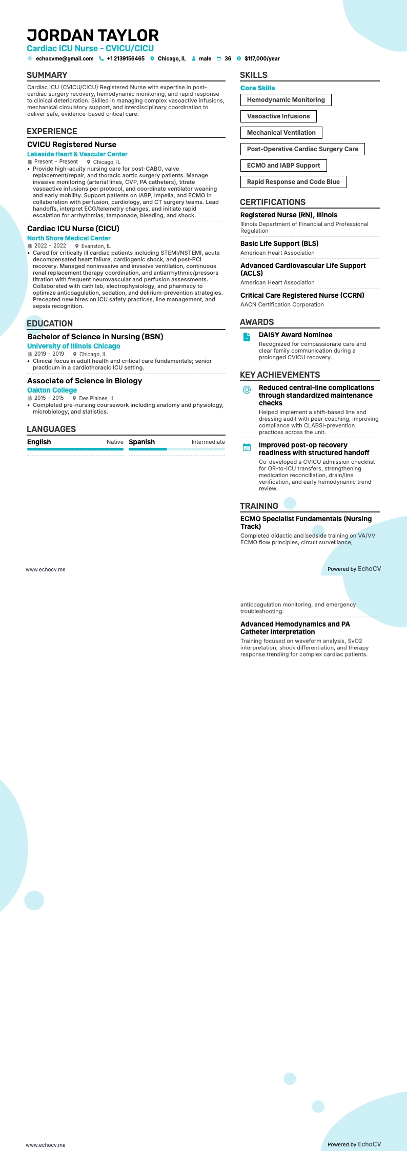 Cardiac ICU Nurse - CVICU/CICU example resume