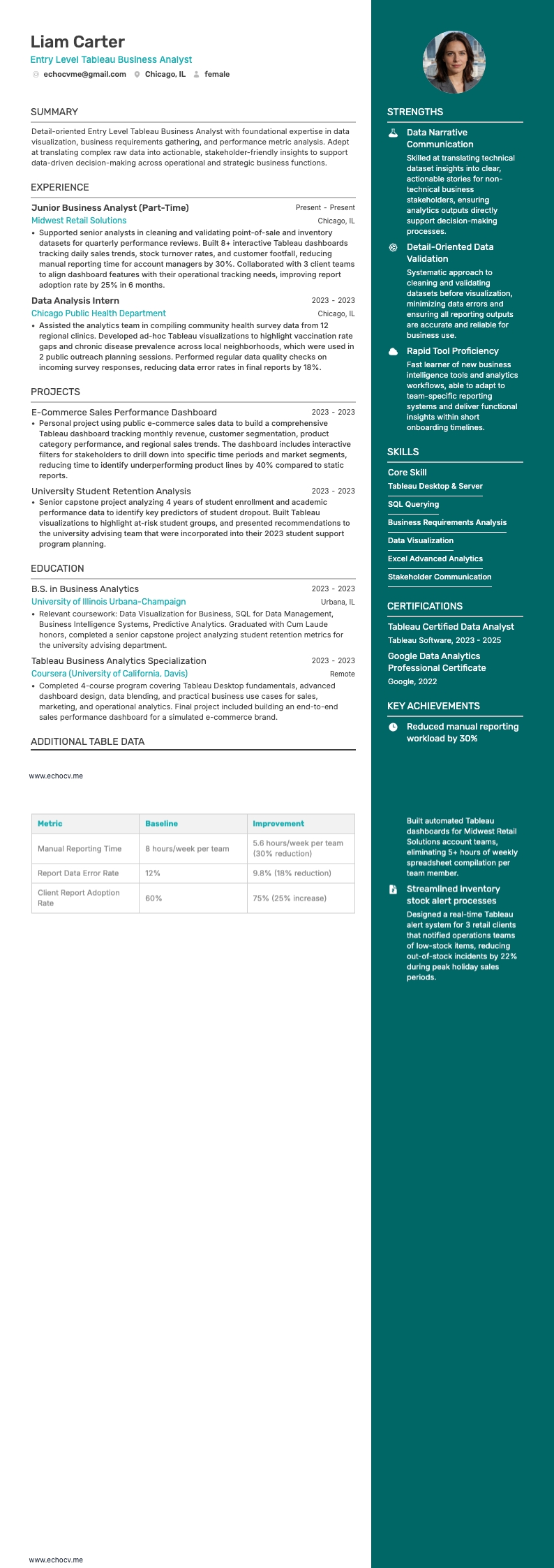 Entry Level Tableau Business Analyst example resume