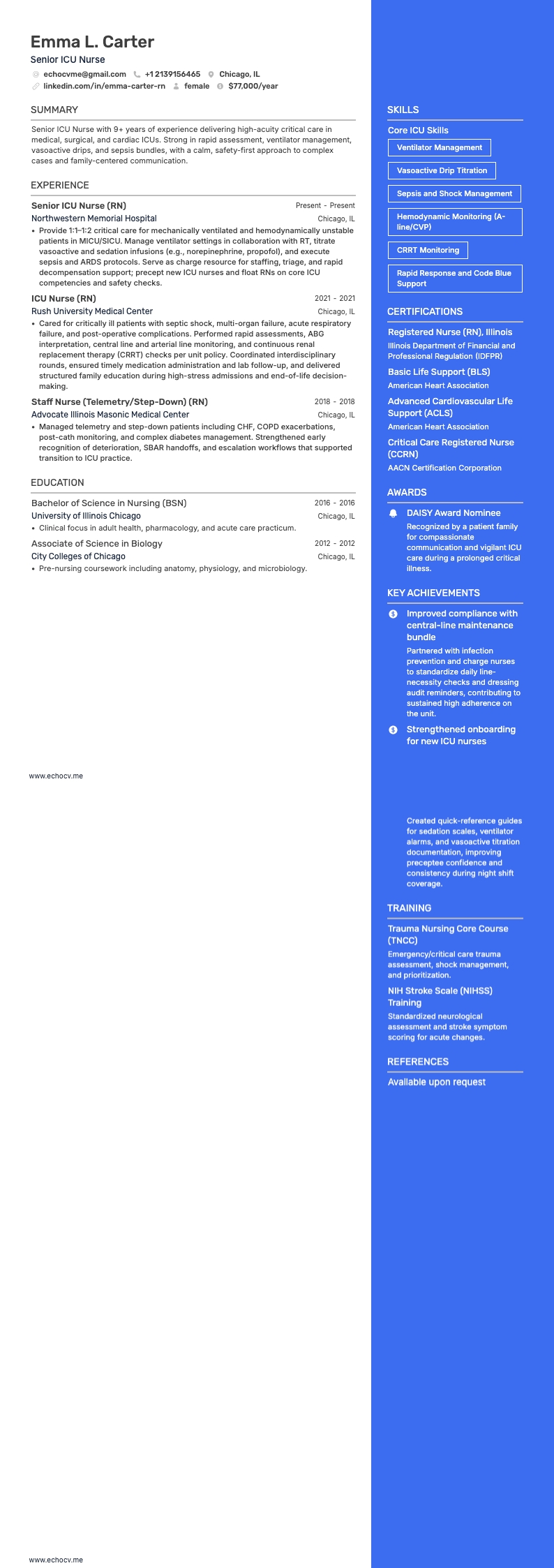 Senior ICU Nurse example resume