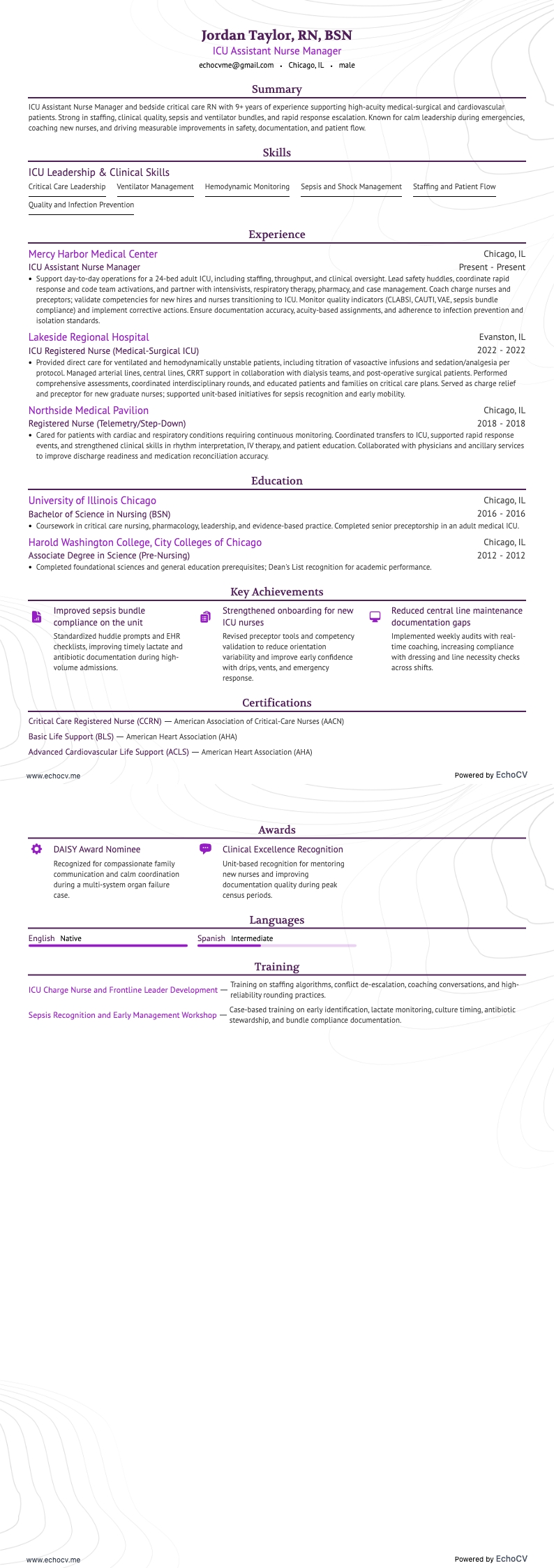 ICU Assistant Nurse Manager example resume