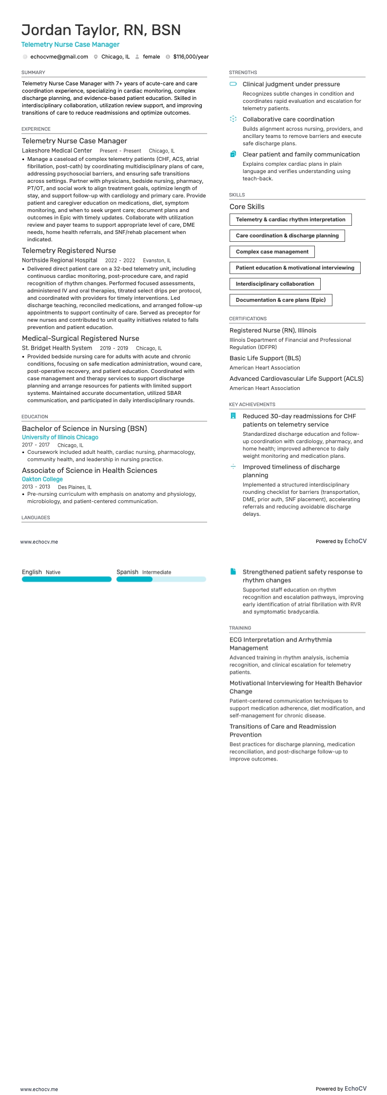 テレメトリー看護ケースマネージャー example resume