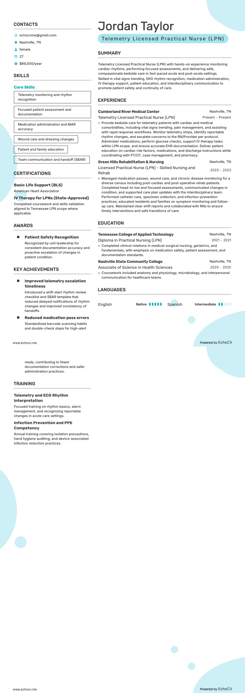 テレメトリー認定実務看護師（LPN） example resume