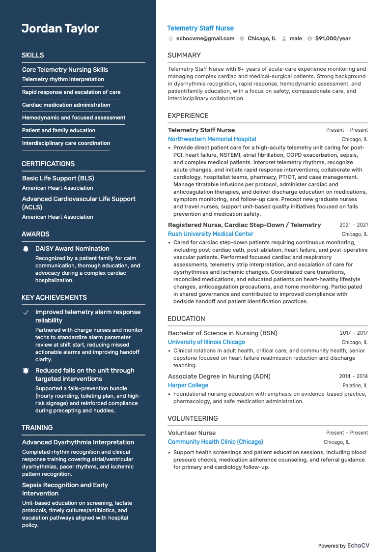 テレメトリー病棟看護師 example resume