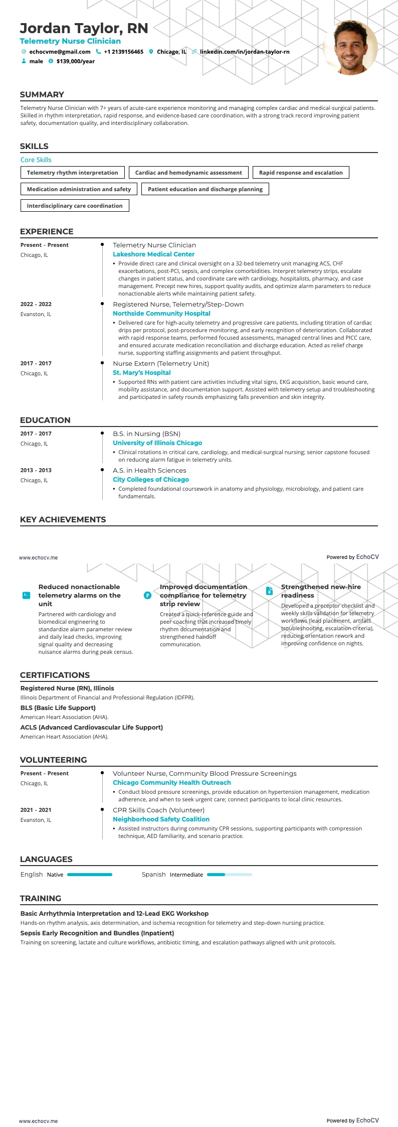テレメトリー看護師 example resume