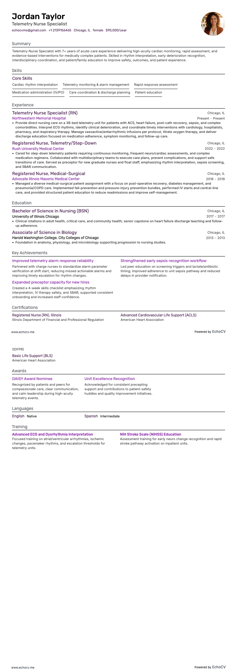 テレメトリー看護専門職 example resume