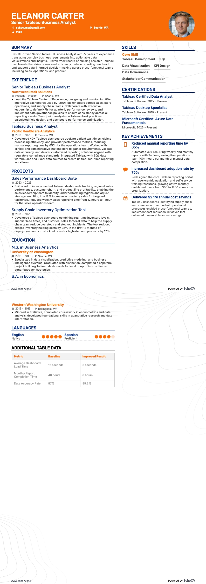 Senior Tableau Business Analyst example resume