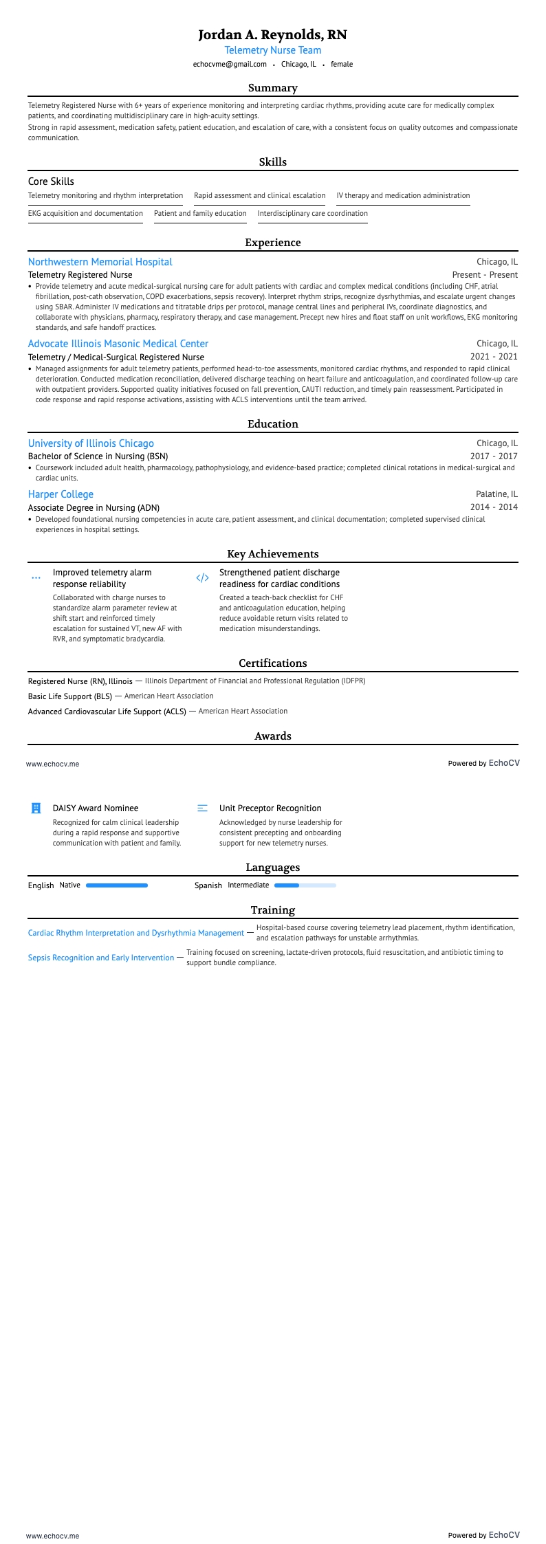テレメトリー看護チーム example resume