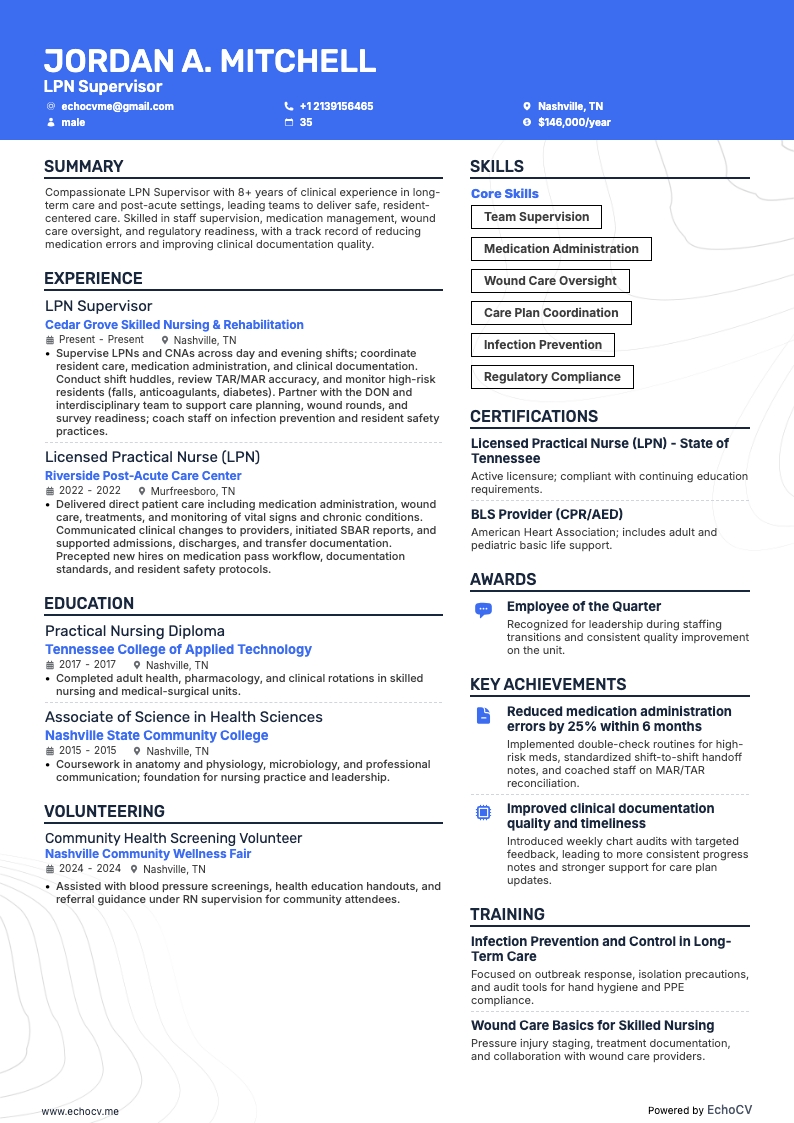 LPN Supervisor example resume