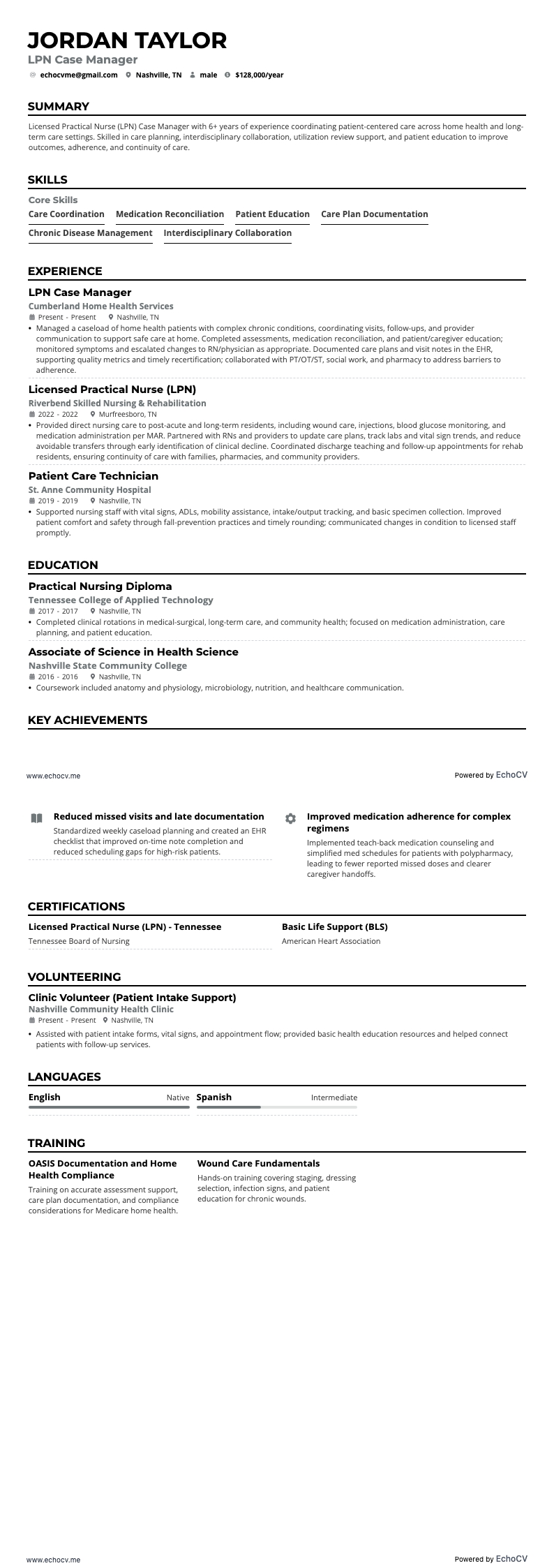 LPN Case Manager example resume