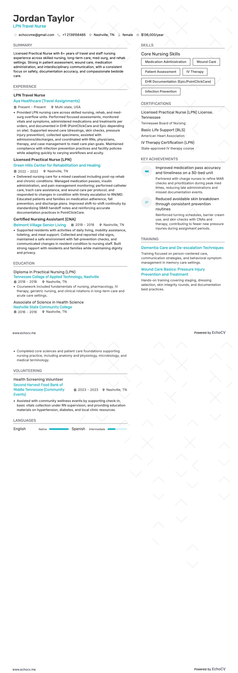 LPN Travel Nurse example resume