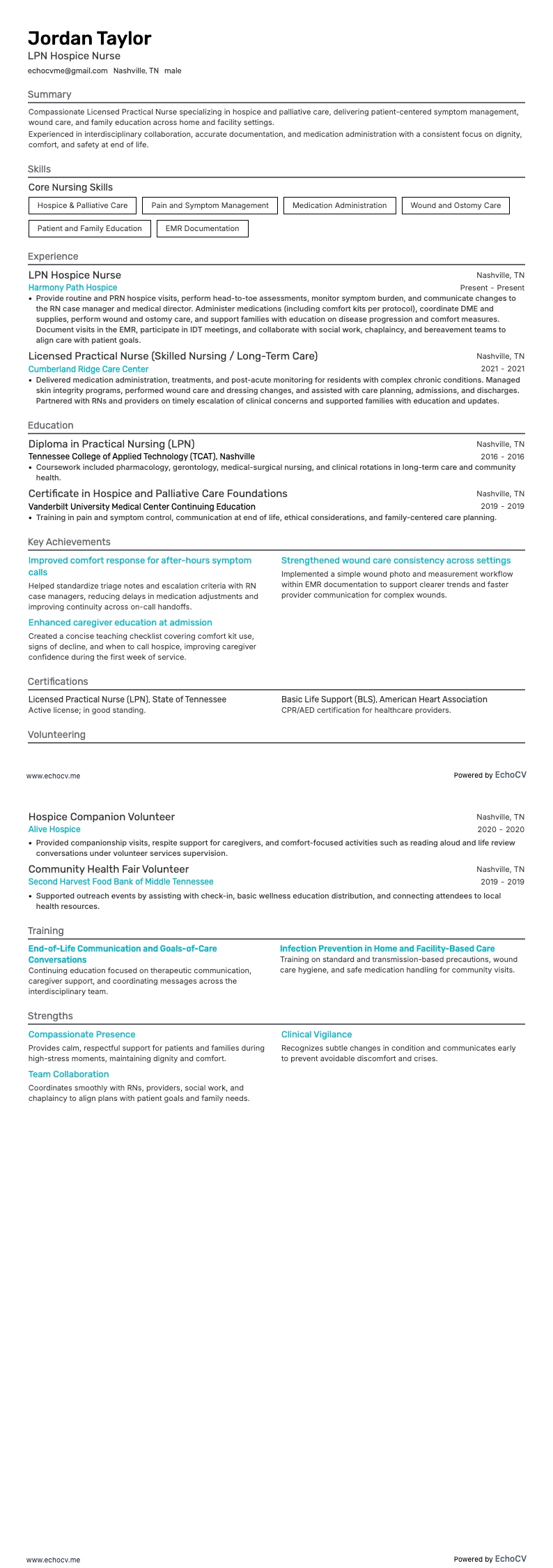 LPN Hospice Nurse example resume