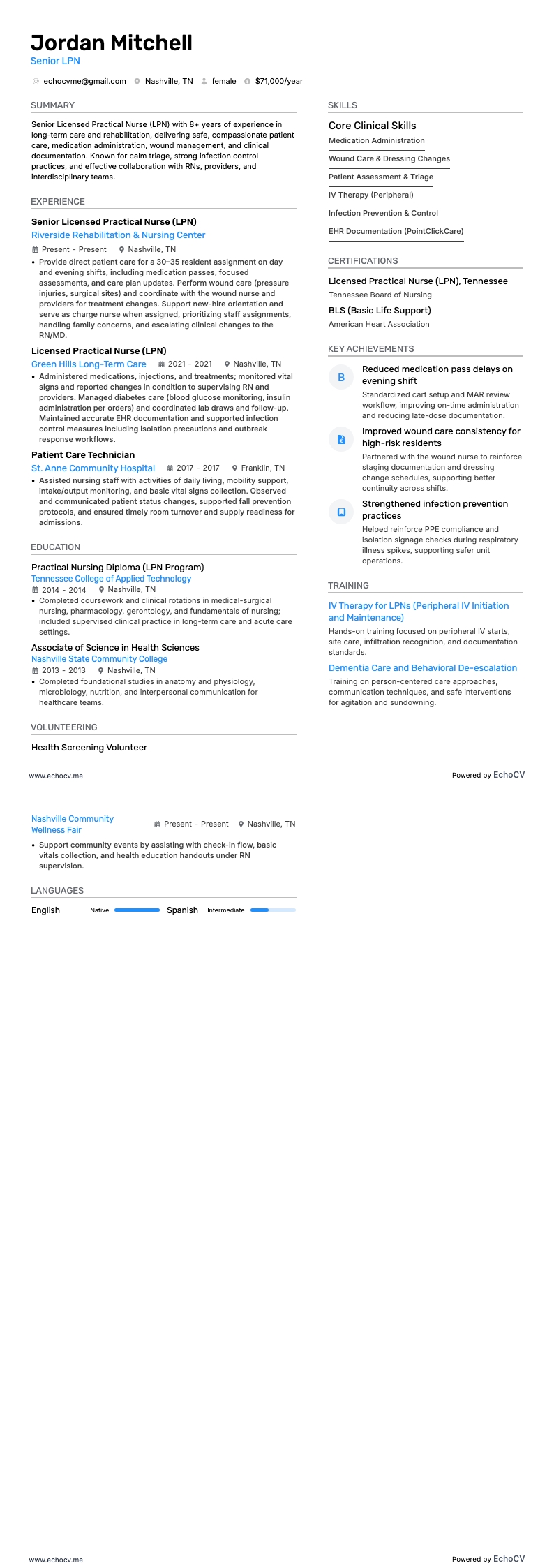 Senior LPN example resume