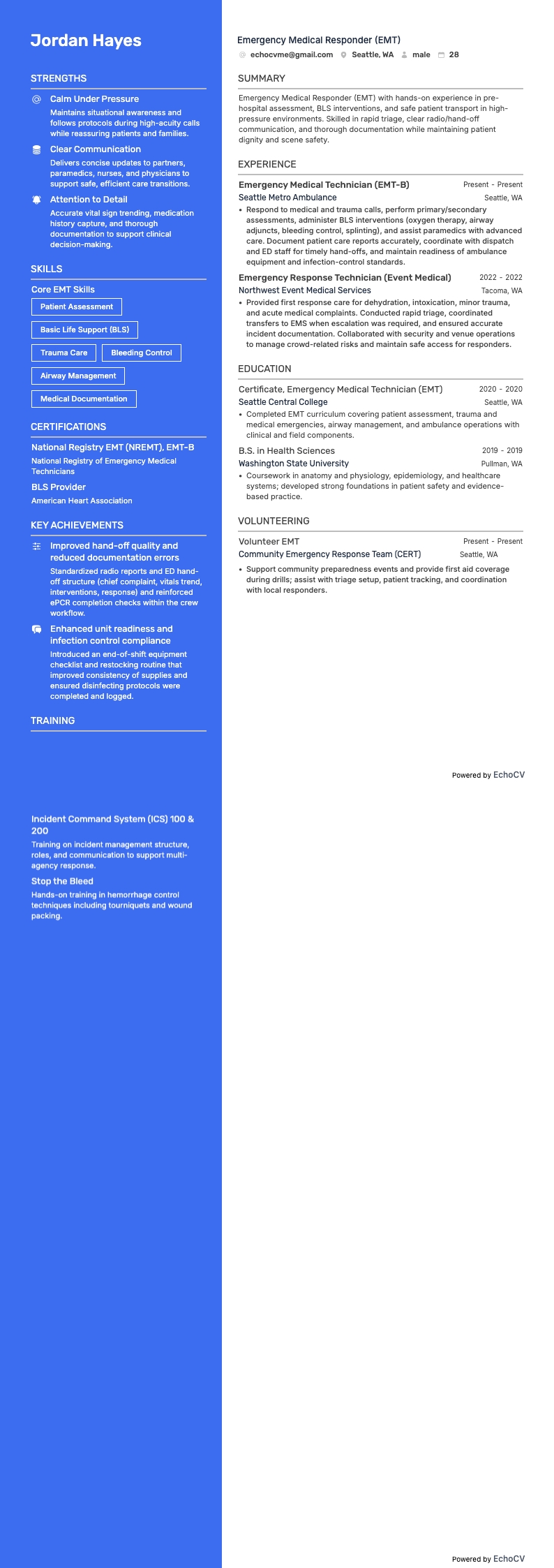 Emergency Medical Responder example resume