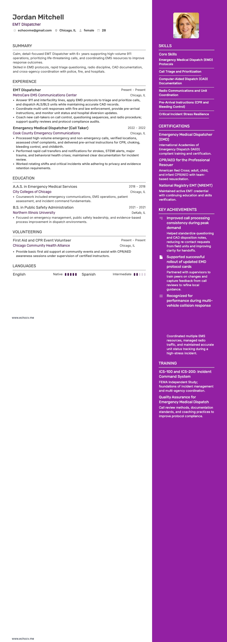 EMT Dispatcher example resume