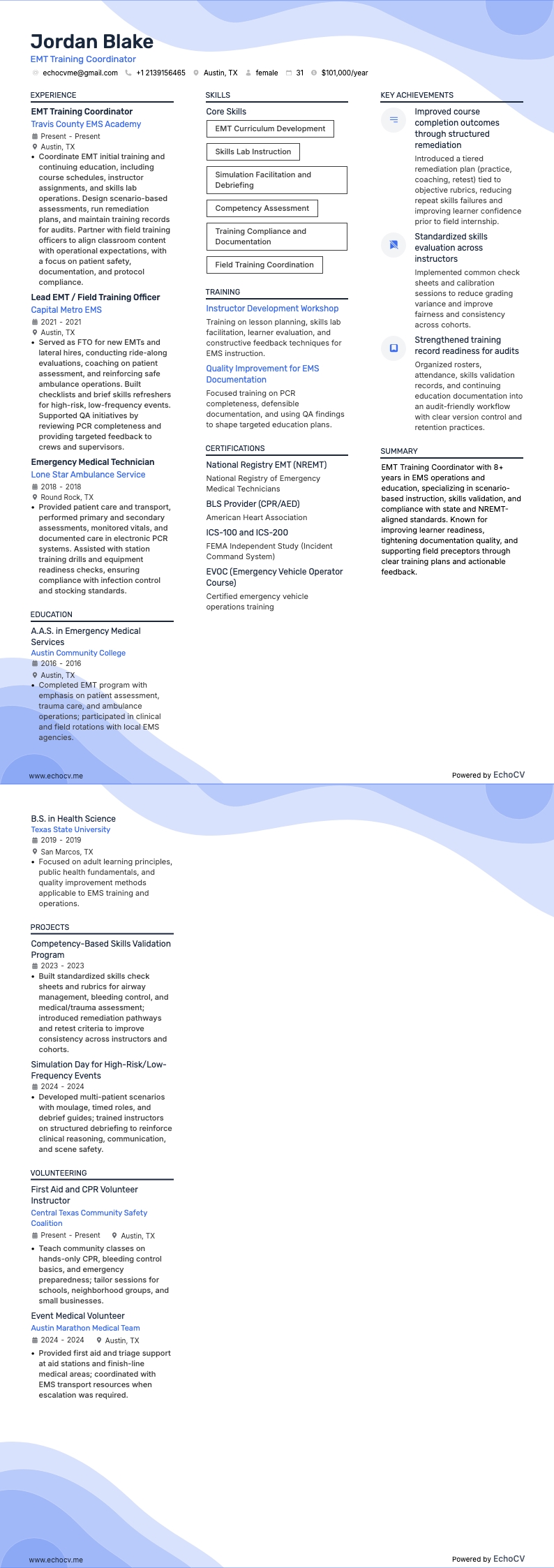 EMT Training Coordinator example resume