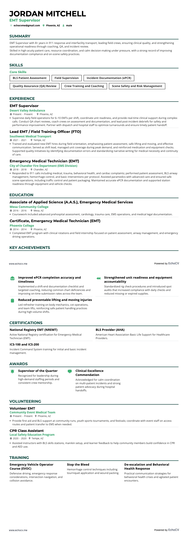 EMT Supervisor example resume