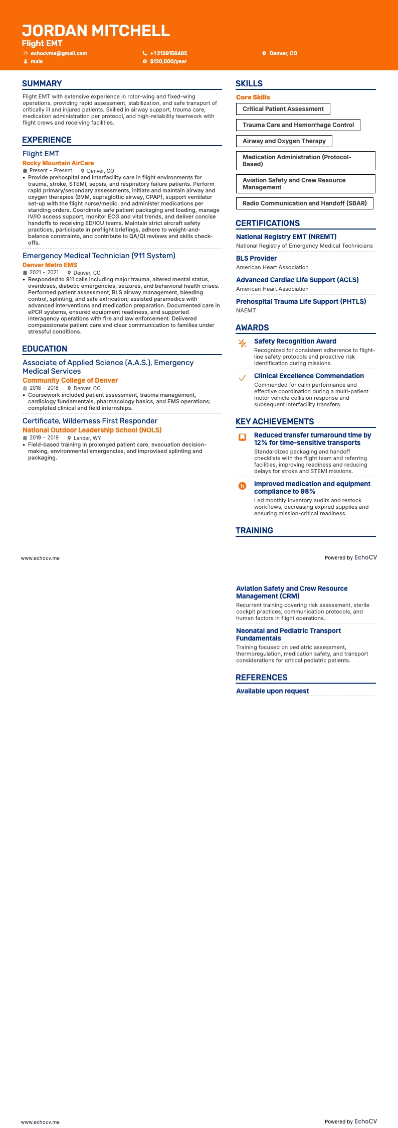 Flight EMT example resume