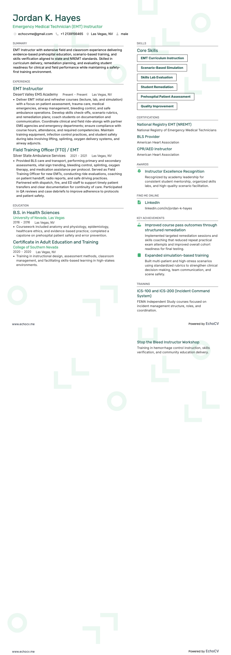 Emergency Medical Technician (EMT) Instructor example resume