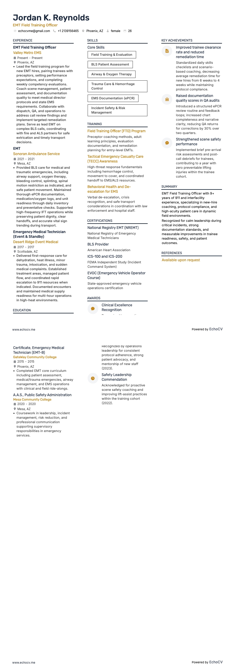 EMT Field Training Officer example resume