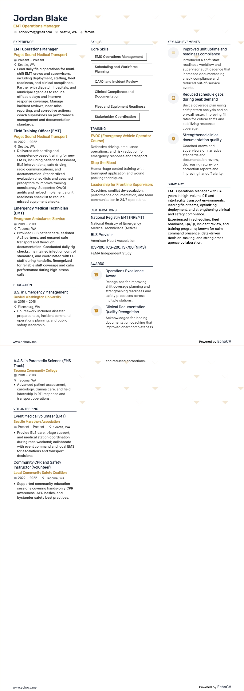 EMT Operations Manager example resume