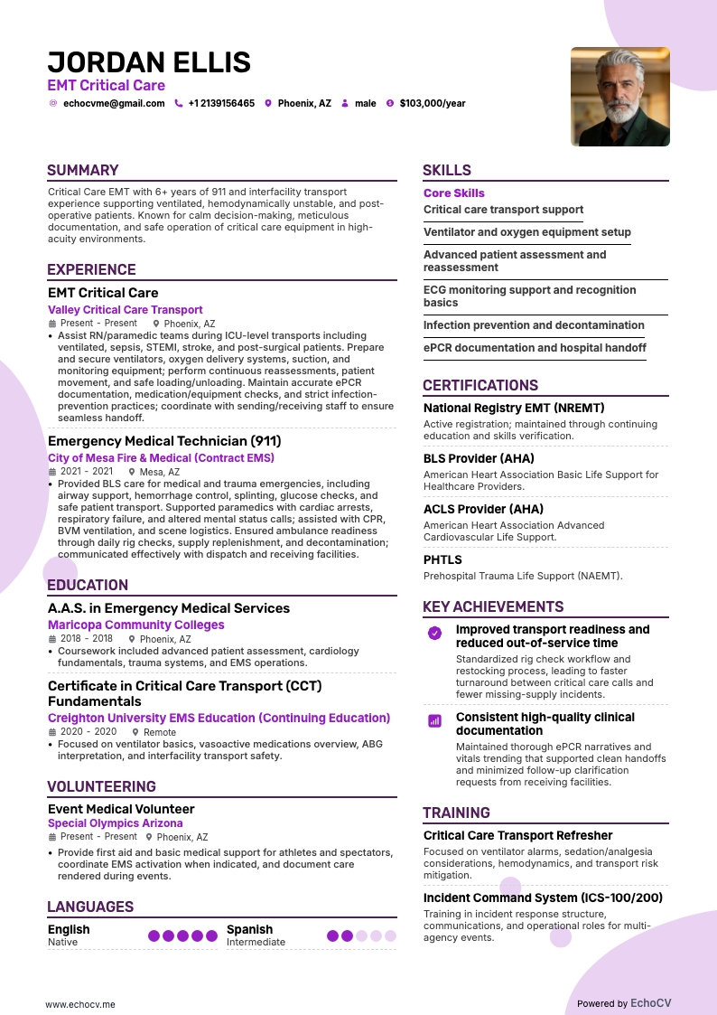 EMT Critical Care example resume