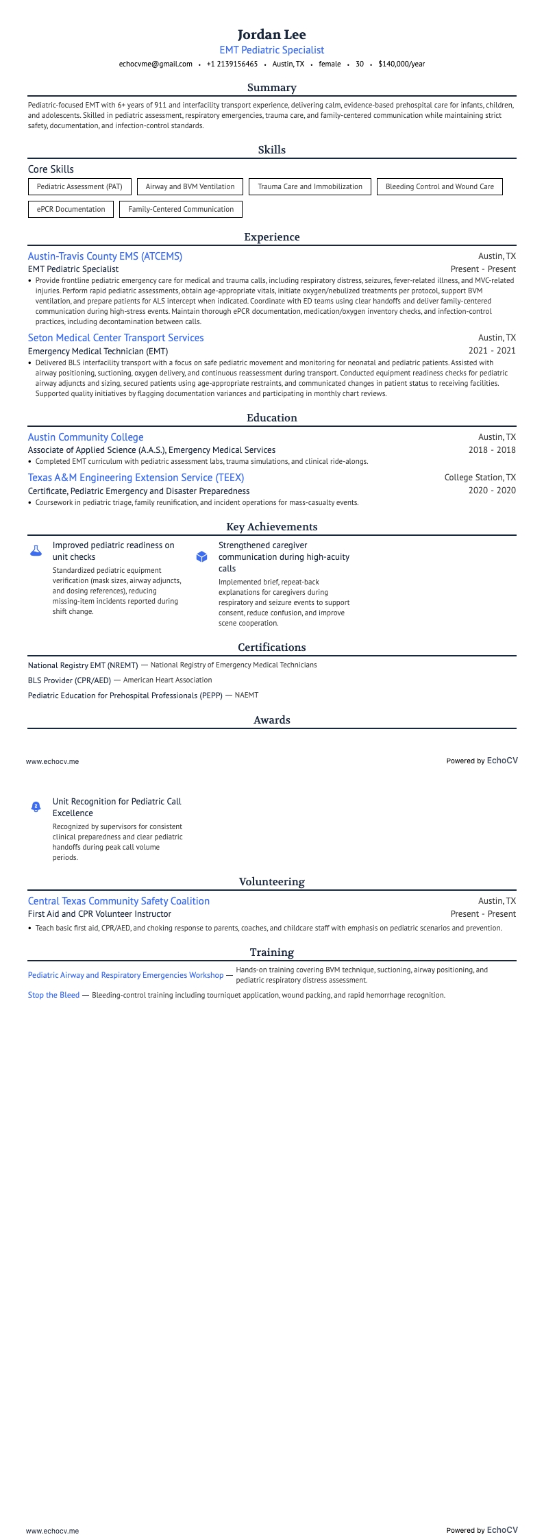 EMT Pediatric Specialist example resume