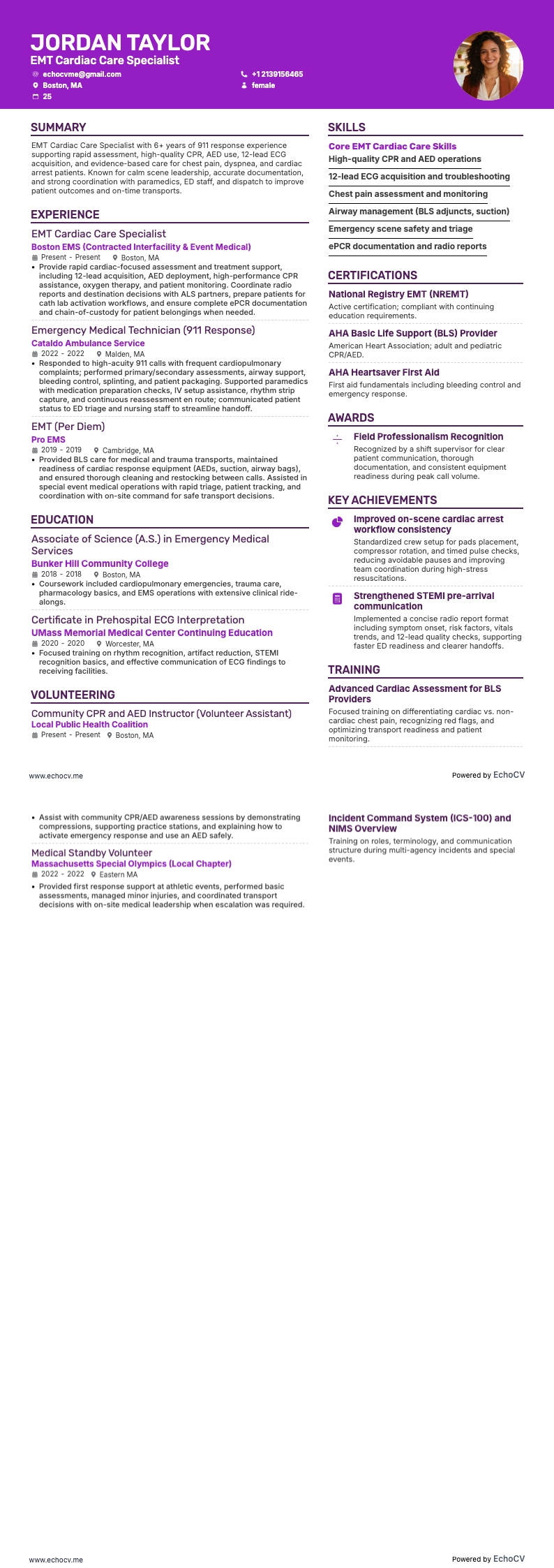 EMT Cardiac Care Specialist example resume