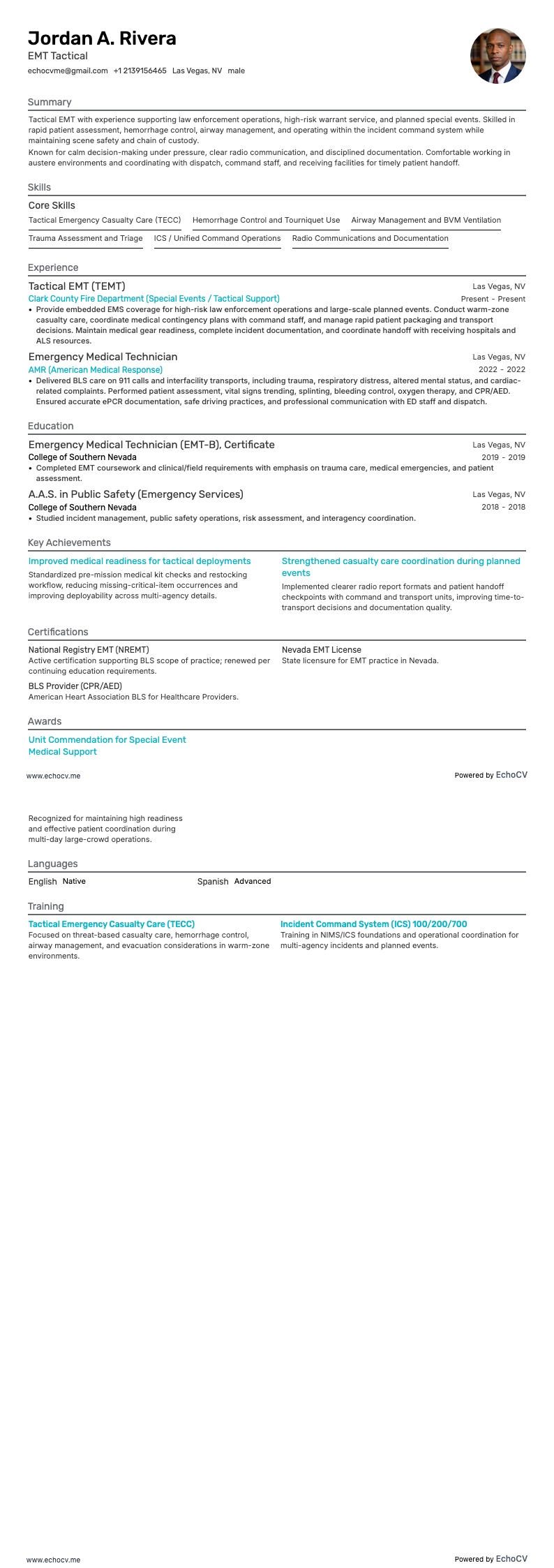 EMT Tactical example resume