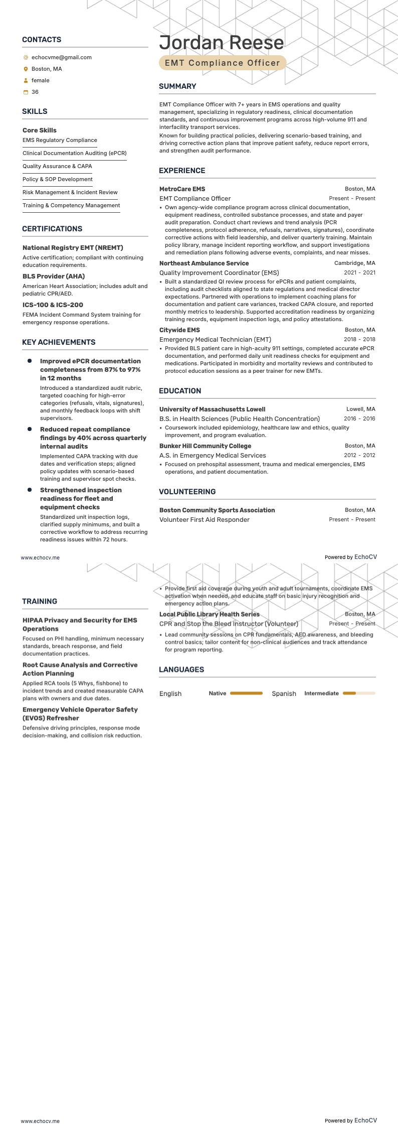 EMT Compliance Officer example resume
