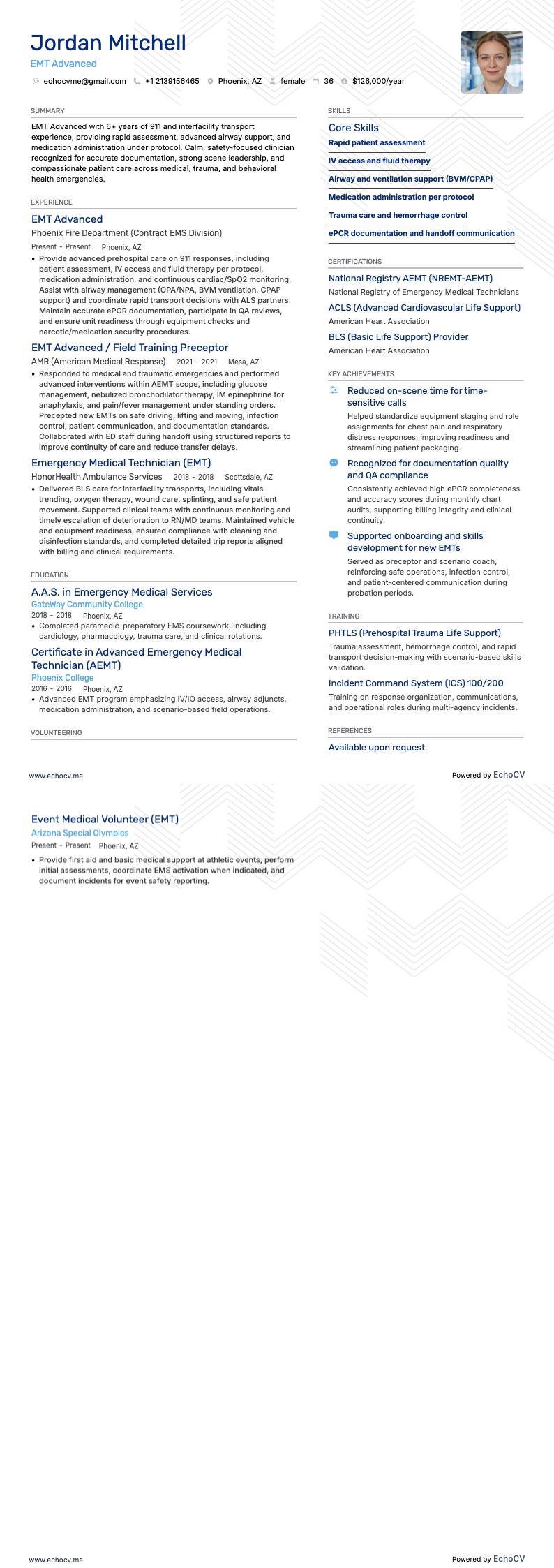 EMT Advanced example resume