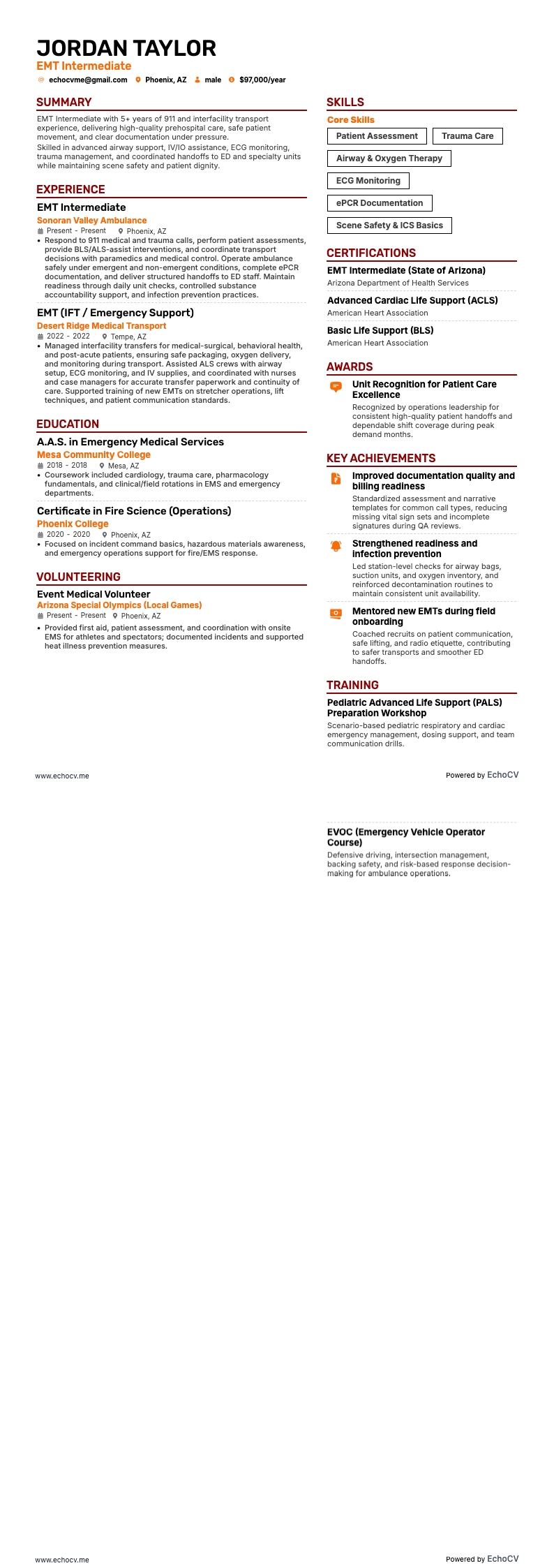 EMT Intermediate example resume