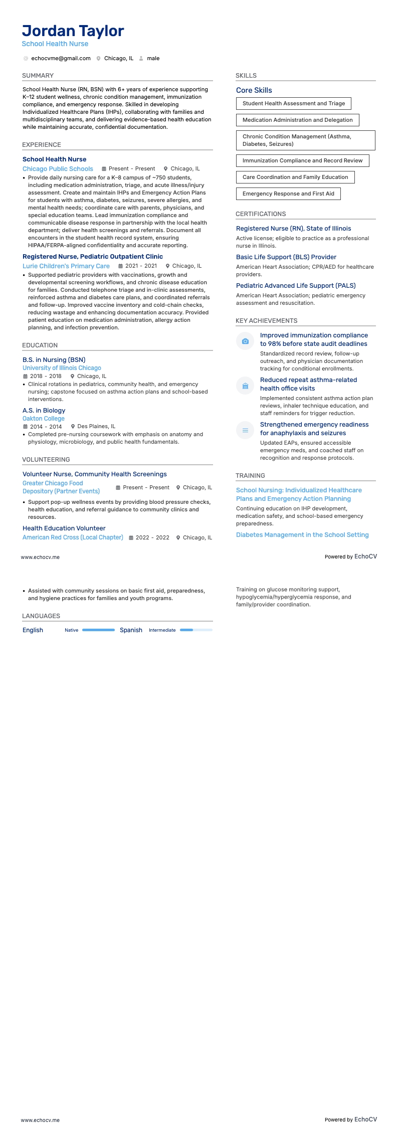 School Health Nurse example resume