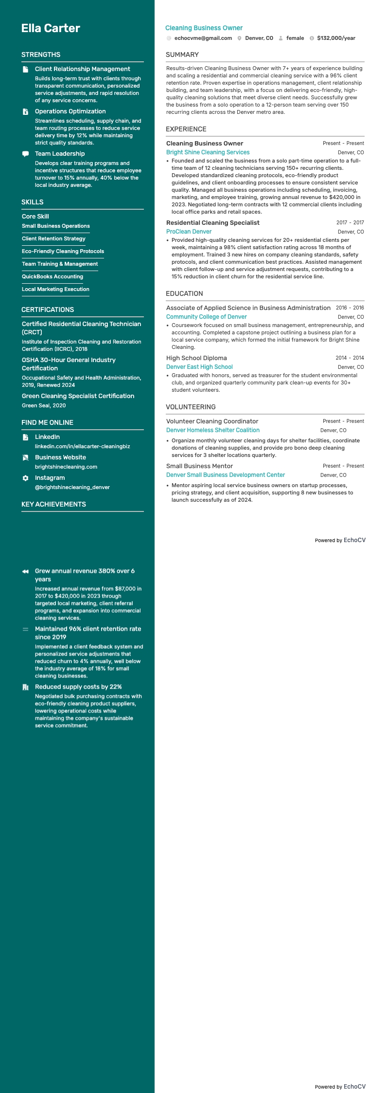 Ägare av städföretag example resume